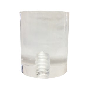 May include: A clear, rectangular furniture leg with a threaded metal insert. The leg is made of transparent acrylic and has a rounded top. The metal insert is silver and cylindrical.