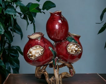 11" Triple Pomegranate Sculpted Ceramic Painted Oriental Decorative Vase