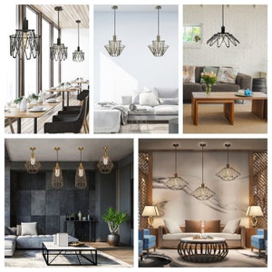 May include: A set of six geometric wire cage pendant lights in various finishes, including black, gold, and silver. The lights are shown hanging in different living room settings.