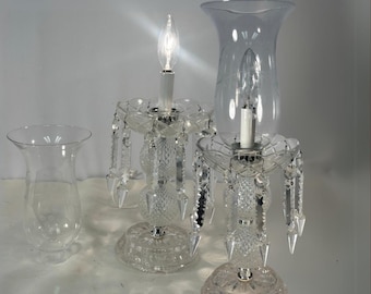 Vintage Crystal Hurricane Lamps Set – Etched Grape Glass, 17.5” Tall, Pair
