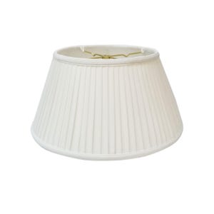May include: A white, pleated lampshade with a classic, tapered shape. The shade features vertical pleats and a smooth, rounded bottom edge. The interior has a gold-colored wire frame.