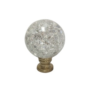 Royal Designs, Inc. Large Clear Ball with Crackle Texture K9 Crystal Lamp Finial with Polished Brass Base