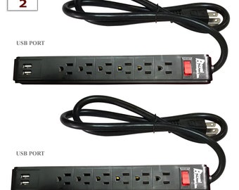 Royal Designs, Inc. Black USB Power Strip and Surge Protector with 6 Outlets and Two USB Ports, Set of 2