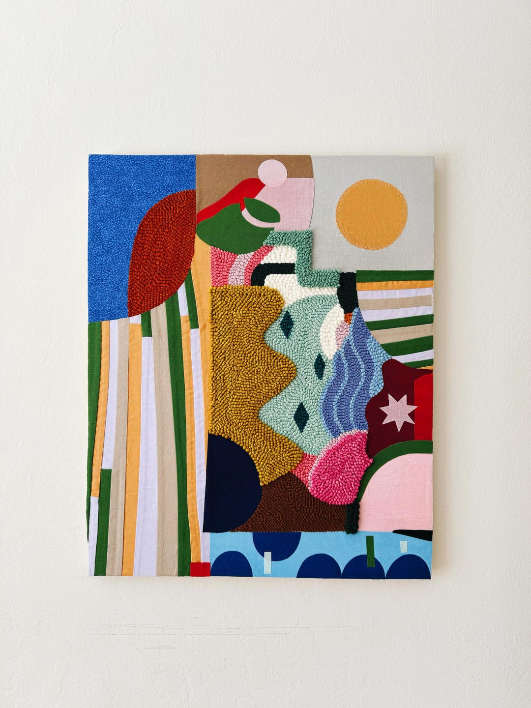 Geometric Punch Needle Wall Art | Mixed Media Textile Collage - Etsy