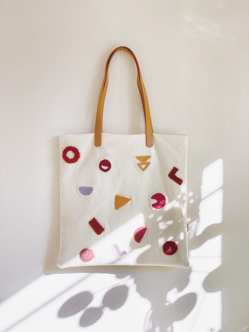 Abstract tote bag wool tote bag punch needle bag canvas tote bag tote bag wool handbag shoulder bag leather strap women tote bag