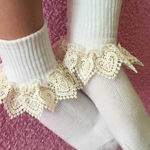 Baby-Infant Socks Little Girls Ruffled Lace Socks Toddler Frilly Socks, Newborn to Girl's size Easter Christening or Wedding Socks Ivory Lace