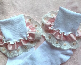 Ruffled Embroidered Heart Socks Toddler - Little Girls Easter Socks Girl's Socks Newborn Baby Special Occasion Socks  Baby Shower Gift