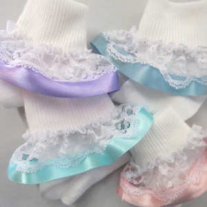 NEW Lace Ruffled Socks Infant-Toddler Socks Frilly Little Girl&#39;s Socks Christening Sock Wedding Sock Baby Gift Lace and Ribbon Ruffled Socks
