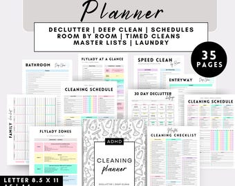 ADHD Cleaning Planner | Cleaning Schedule Weekly Monthly Yearly Cleaning Checklist | Declutter | Family Chore Chart | Speed Clean Printable