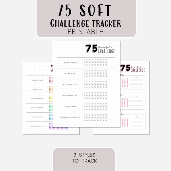 75 Soft Challenge Tracker, Dot Grid, Bullet, Planner Journal Pages