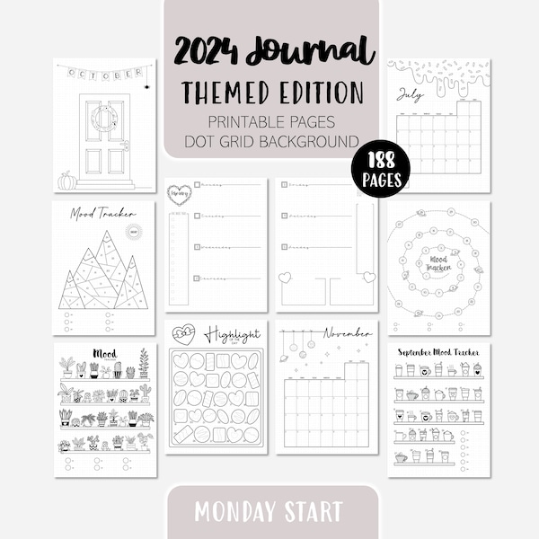 2024 Bullet Planner Journal Themed | Dot Grid | Printable | Monday Start | Download