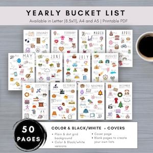 Può includere: Una raccolta di pagine stampabili di liste dei desideri annuali, ognuna con un tema e icone diversi per ogni mese. Le pagine sono disponibili nei formati Letter (8,5x11), A4 e A5. L'immagine include anche una tazza di caffè e il testo "50 pagine".