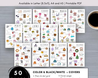 12 Monthly Bucket List Journal Bullet Yearly To Do List Template Spring Summer Fall Christmas Bucketlist Printable Seasonable Checklist