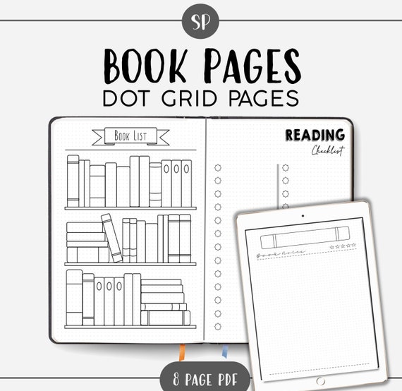 Bookshelf Journal Pages Bullet Planner Dot Grid Books Reading Printable  Template A5 A4 US Letter 