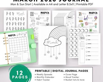 March 2026 Journal Bullet Printable March Monthly Calendar Shamrock Mood Tracker, Habit March Cover Page Bucket List St Patricks