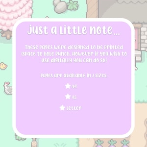 Peut inclure: Un design num&eacute;rique avec un arri&egrave;re-plan pix&eacute;lis&eacute; pr&eacute;sentant un cadre violet clair avec le texte "just a Little note...". Le texte d&eacute;crit les pages disponibles en tailles A4, A5 et Letter.