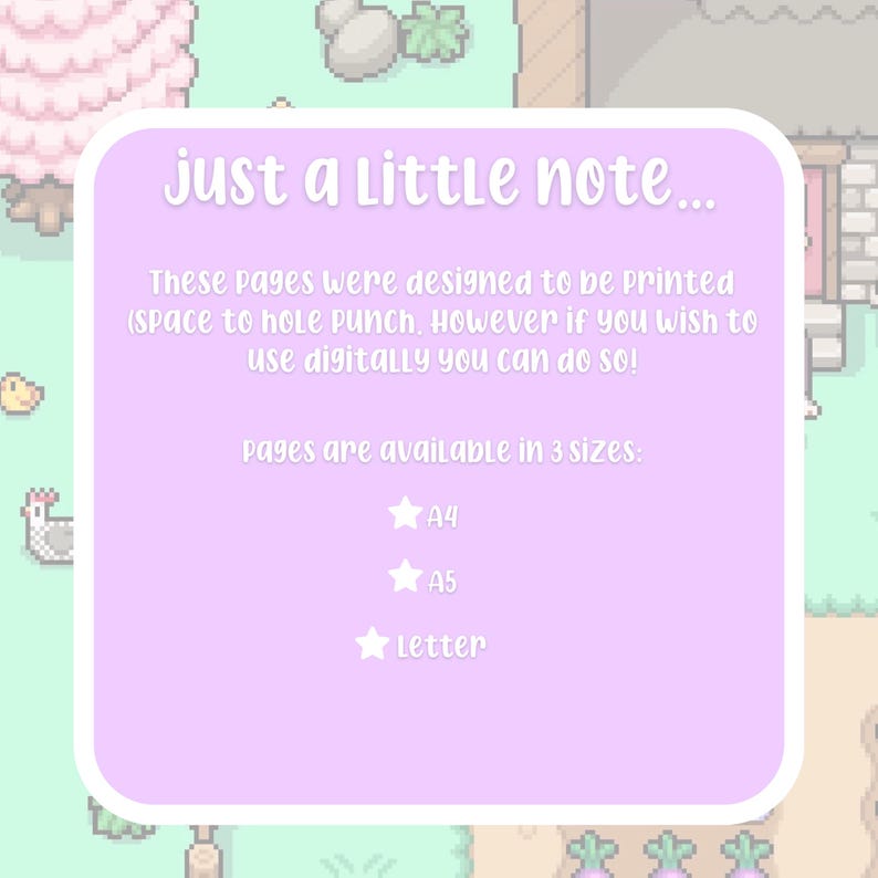Peut inclure: Un design num&eacute;rique avec un arri&egrave;re-plan pix&eacute;lis&eacute; pr&eacute;sentant un cadre violet clair avec le texte "just a Little note...". Le texte d&eacute;crit les pages disponibles en tailles A4, A5 et Letter.