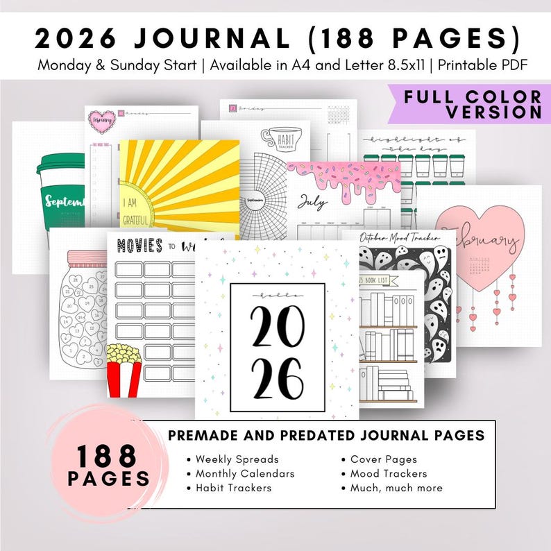 2026 Bullet Planner Journal Monthly Themed Color Version | Dot Grid | Printable | Monday Sunday Start | Download Template Digital Printable image 1