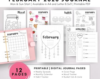 February Journal Printable 2026 Journal Bullet Valentines Themed Monthly Calendar Heart Mood Tracker, Habit February Cover Page Bucket List