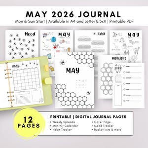 Op de afbeelding: Een digitaal dagboek met de tekst "MAY 2026 JOURNAL" en "Printable | Digital Journal Pages". Het dagboek bevat wekelijkse spreads, een maandkalender, een gewoontetracker, een omslag, een mood tracker en bucket lists. Verkrijgbaar in A4.