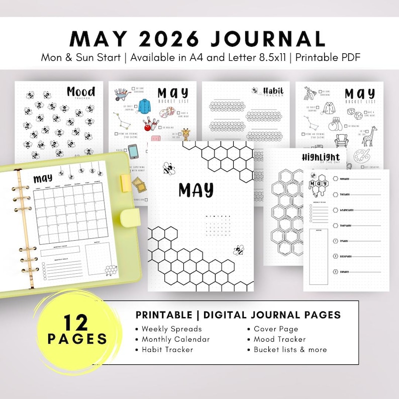 May 2026 Journal Bullet Printable Pages Honey Bees Mood Tracker ...