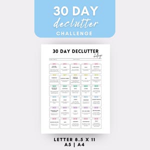 May include: A printable 30-day declutter challenge checklist with a pink, blue, and green colour scheme. The checklist includes daily tasks to declutter different areas of the home, such as the kitchen, bathroom, bedroom, and office.