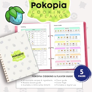 May include: A white spiral-bound planner with the text "Pokopia Planner Cooking" and a green logo. The open pages of the planner show a recipe guide and a flavor guide. The image also includes the text "Pokopia Cooking & Flavor Guide".