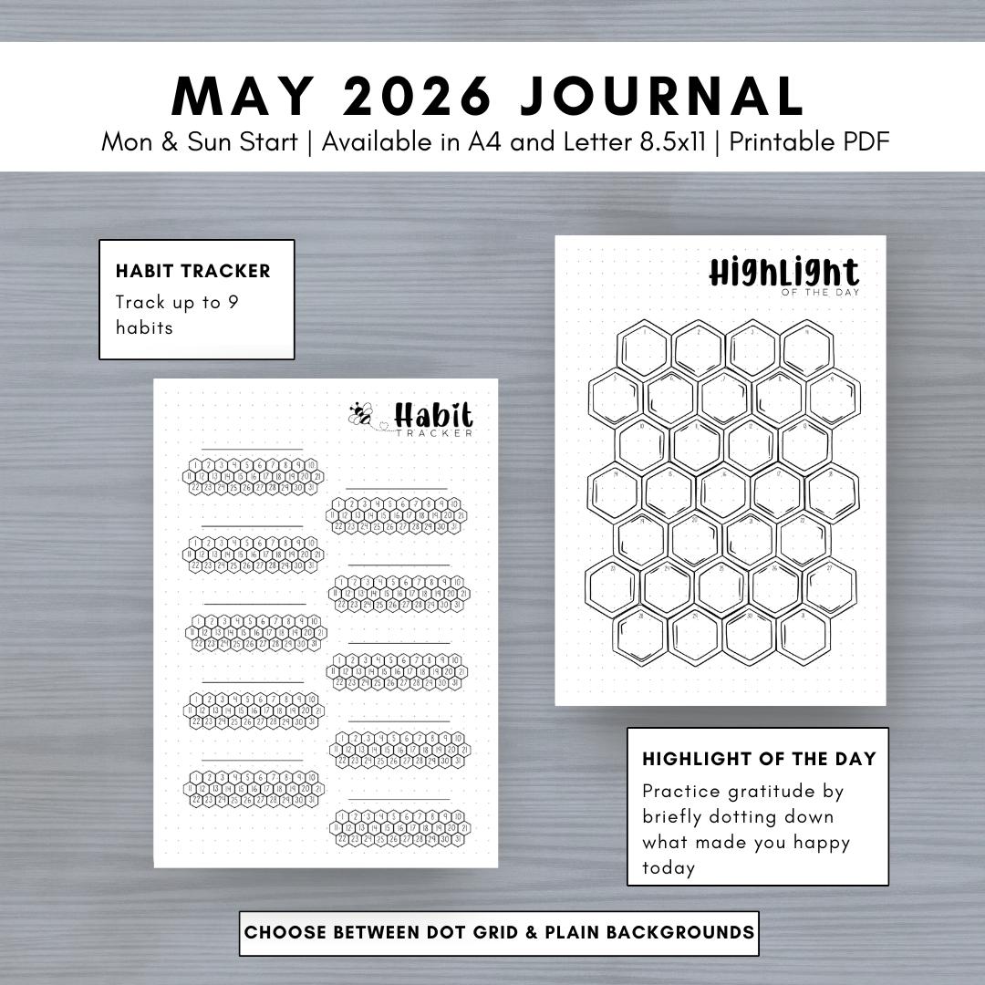 May 2026 Journal Bullet Printable Pages Honey Bees Mood Tracker ...