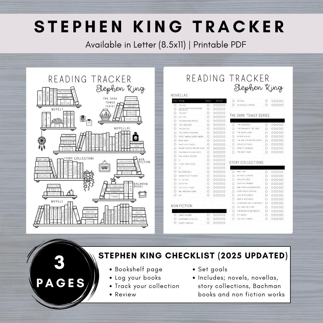 Stephen King Reading Checklist Book Tracker Novels 2025 UPDATED Bookshelf Reading Log Printable Pages Digital Template Reading Journal