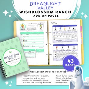May include: A Dreamlight Valley Wishblossom Ranch planner and 43-page add-on set featuring character friendship trackers, critter schedules, and quest logs. The pages include tables for tracking geese and skunks, plus a guide for Tinker Bell.