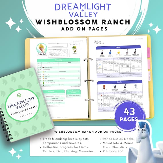 WishBlossom Ranch Dreamlight Valley Planner PDF | 43 Page Game Checklist Guide | Characters, Collections Mounts | Printable Gaming Organizer