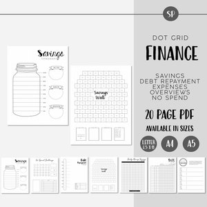 Op de afbeelding: Een printbare PDF-set van 20 pagina's met stippenraster sjablonen voor financiële planning. De pagina's bevatten secties voor besparingen, schuldaflossing, uitgaven, overzichten en uitdagingen zonder uitgaven. De sjablonen zijn beschikbaar in de formaten letter, A4 en A5.