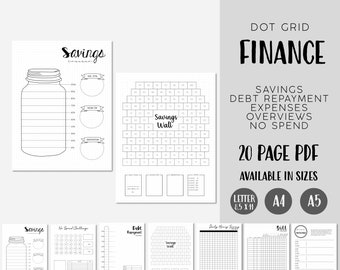 May include: A printable PDF set of 20 pages with dot grid templates for financial planning. The pages include sections for savings, debt repayment, expenses, overviews, and no spend challenges. The templates are available in letter, A4, and A5 sizes.