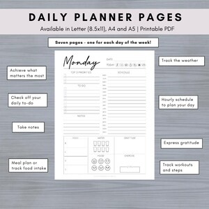 May include: A printable daily planner page with a black and white design. The page is titled "Monday" and includes sections for tracking top priorities, to-do list, schedule, notes, food, water, gratitude, mood, exercise, and steps.