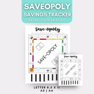 Puede incluir: Juego de mesa Save-opoly imprimible para hacer un seguimiento de los ahorros. El tablero presenta un tablero de juego colorido con un tema de ahorro y una hoja de seguimiento. El juego está diseñado para ayudar a las personas a ahorrar dinero y alcanzar sus objetivos financieros. El tablero se imprime en papel tamaño A4.