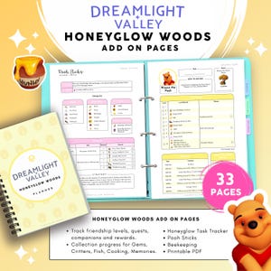 Planificateur PDF Honeyglow Woods Dreamlight Valley | Guide de jeu de 33 pages | Personnages, Collections, Bâtonnets Winnie l'Ourson | Organiseur imprimable