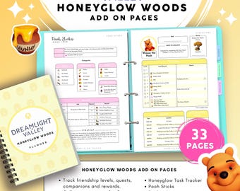 Planificateur PDF Honeyglow Woods Dreamlight Valley | Guide de jeu de 33 pages | Personnages, Collections, Bâtonnets Winnie l'Ourson | Organiseur imprimable