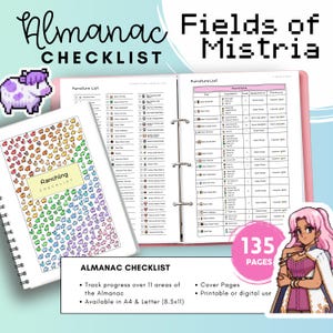 May include: A pink binder and a spiral notebook with the text "Almanac Checklist" and "Ranching Checklist". The binder is open, displaying a list of items. The notebook has a colorful pattern of farm animals. The image also includes the text "Fields of Mistria" and "135 Pages".