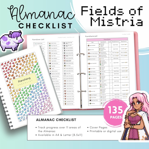 Fields of Mistria Almanac Checklist, Printable Game Guide Fishing, Bugs, Museum Donations, Cooked Dishes