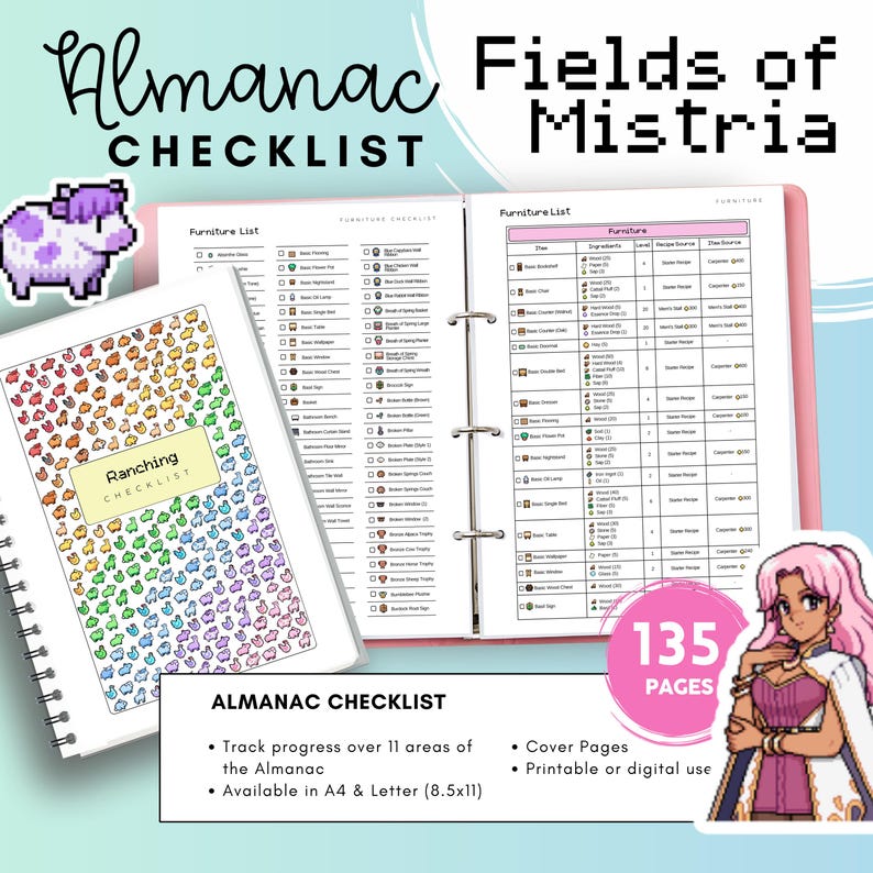 Peut inclure: Un classeur rose et un carnet &agrave; spirales avec le texte "Almanac Checklist" et "Ranching Checklist". Le classeur est ouvert, affichant une liste d'&eacute;l&eacute;ments. Le carnet pr&eacute;sente un motif color&eacute; d'animaux de ferme. L'image comprend &eacute;galement le texte "Fields of Mistria" et "135 Pages".