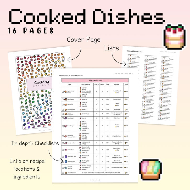 Peut inclure: Un livre de cuisine num&eacute;rique intitul&eacute; "Cooked Dishes" avec 16 pages. La page de couverture pr&eacute;sente une liste de contr&ocirc;le de cuisine color&eacute;e. &Agrave; l'int&eacute;rieur, des listes d&eacute;taill&eacute;es cat&eacute;gorisent les recettes avec les ingr&eacute;dients, les niveaux d'&eacute;toiles et les prix de vente.