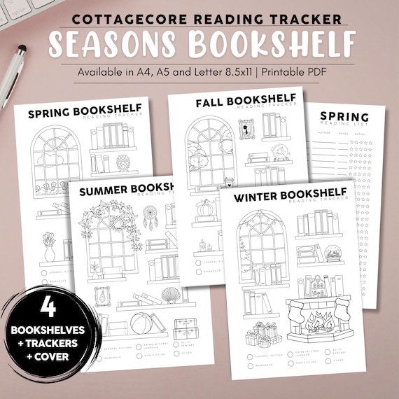 Seasonal Bookshelf Reading Tracker Cottagecore Spring Summer Fall Winter Book Log Printable Color In 25 Books Challenge Letter A4 A5