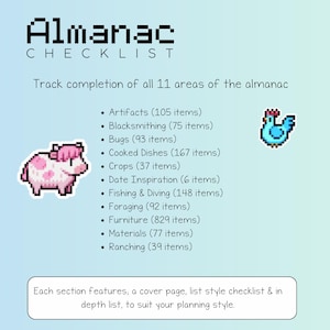Peut inclure: Une liste de contr&ocirc;le num&eacute;rique intitul&eacute;e "Almanac CHECKLIST" sur un fond bleu clair. La liste de contr&ocirc;le suit 11 domaines, dont les artefacts, la forge, les insectes et les meubles. Chaque section comprend une page de couverture, une liste de contr&ocirc;le et une liste d&eacute;taill&eacute;e.