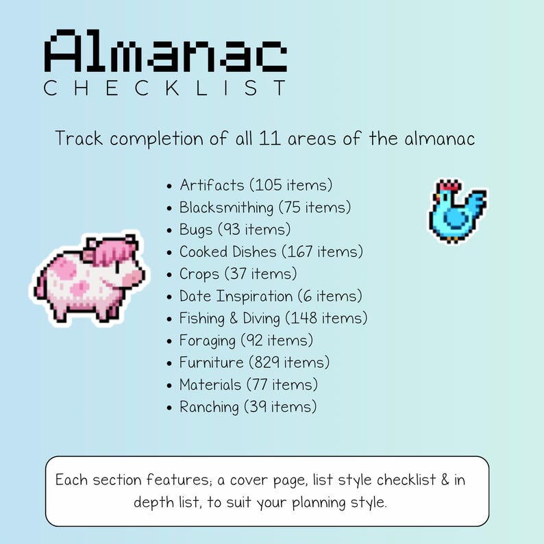 Peut inclure: Une liste de contr&ocirc;le num&eacute;rique intitul&eacute;e "Almanac CHECKLIST" sur un fond bleu clair. La liste de contr&ocirc;le suit 11 domaines, dont les artefacts, la forge, les insectes et les meubles. Chaque section comprend une page de couverture, une liste de contr&ocirc;le et une liste d&eacute;taill&eacute;e.