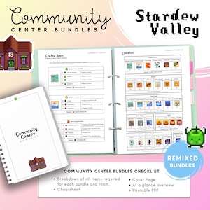 Könnte beinhalten: Ein Stardew Valley Community Center Bundles Checklisten-Ordner und ein spiralgebundenes Notizbuch. Die Seiten enthalten Tabellen mit Objekt-Symbolen, Kontrollkästchen und Raumnamen wie Crafts Room, Pantry und Fish Tank sowie Registerkarten.