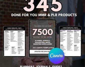 Puede incluir: Imagen de productos digitales con el texto "345 DONE FOR YOU MMR & PLR PRODUCTS." La imagen incluye tres paneles con listas de planificadores, diarios y guías. El panel central destaca "7500 DONE-FOR-YOU" plantillas.