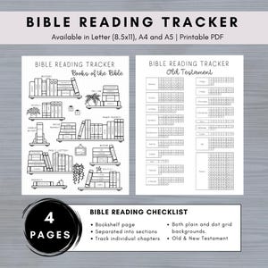 May include: Black and white printable Bible reading tracker with the text "BIBLE READING TRACKER". Includes a bookshelf page, Old Testament checklist, and a checklist with 4 pages. Available in Letter (8.5x11), A4, and A5 sizes.