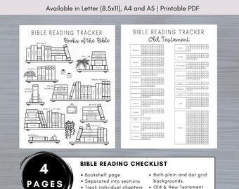 Bible Reading Checklist - Books of the Bible Bookshelf - Dot Grid  - Old New Testament - Read The Bible in a Year Bible Chapter Checklist