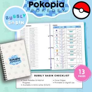 Puede incluir: Un archivador de lista de control Pokedex Bubbly Basin y un cuaderno de espiral. El archivador presenta una tabla para rastrear Pokemon, hábitats y favoritos. La portada del cuaderno muestra el logo de Pokopia Bubbly Basin. Incluye 13 páginas A4.