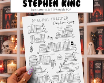 May include: A black and white printable PDF reading checklist for Stephen King books. The document features hand-drawn illustrations of bookshelves organized by categories like novels, novellas, and story collections, with titles labeled on the book spines.